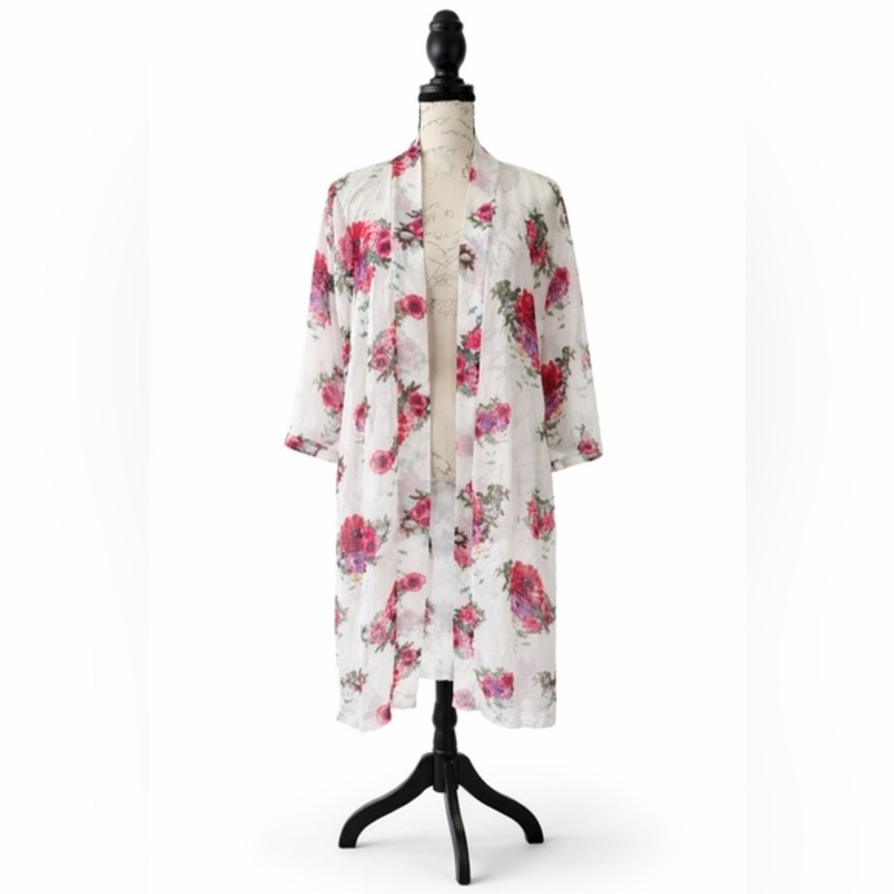 Say What? Floral Longline Kimono - Pink Rose & Script Print - One Size